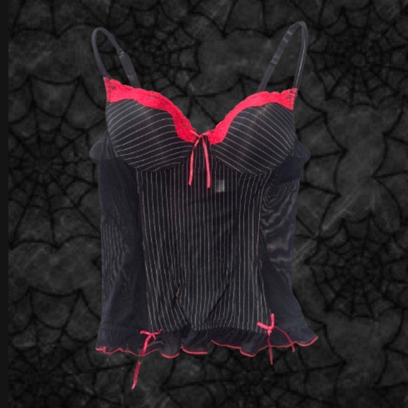 VAMPIRE BUSTIER TOP RED & GREY PINSTRIPE W/ BOWS Y2K MALL GOTH EMO - Picture 1 of 3